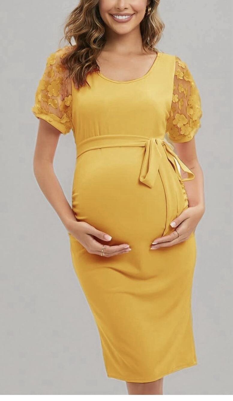 ZIUMUDY Maternity Floral Mesh Bishop Short Sleeve Bodycon Dress YellowWomen’s M